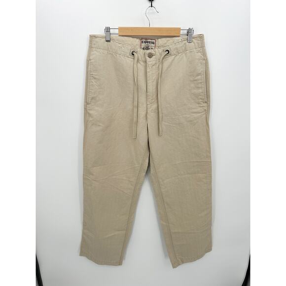 Vintage Express Khaki Pants Women Medium Drawstring Wide Leg Y2K 90s Linen Blend - Picture 1 of 11